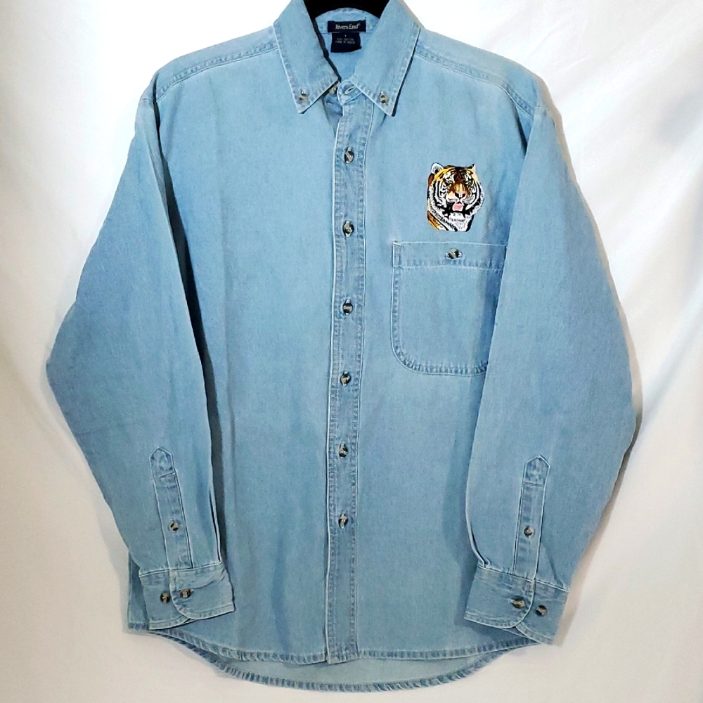 Vintage 90s Denim Shirt River End Tiger Embroidered Button Up Rodeo Cowboy Small
